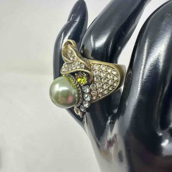 Heidi Daus Ring Size 5.5 Crystal Faux Pearl Peridot Rhinestone Cabochon - Picture 8 of 16